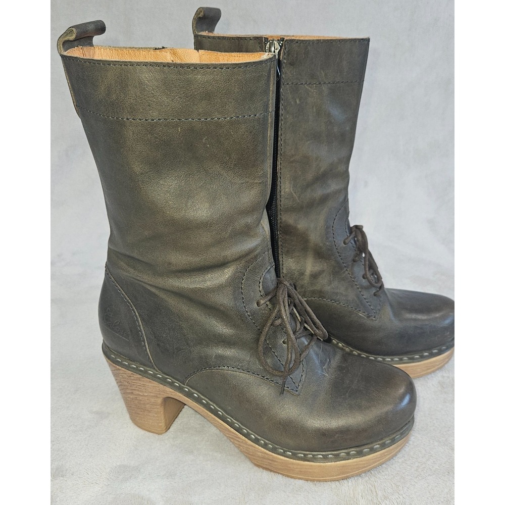 Calou Stockholm Greta Gray Leather Clog Boots Lace Up Boho Scandi Size 38 7.5 - Picture 4 of 7